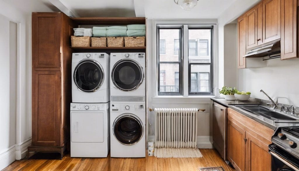 A used stackable washer and dryer in a small New York City apartment.